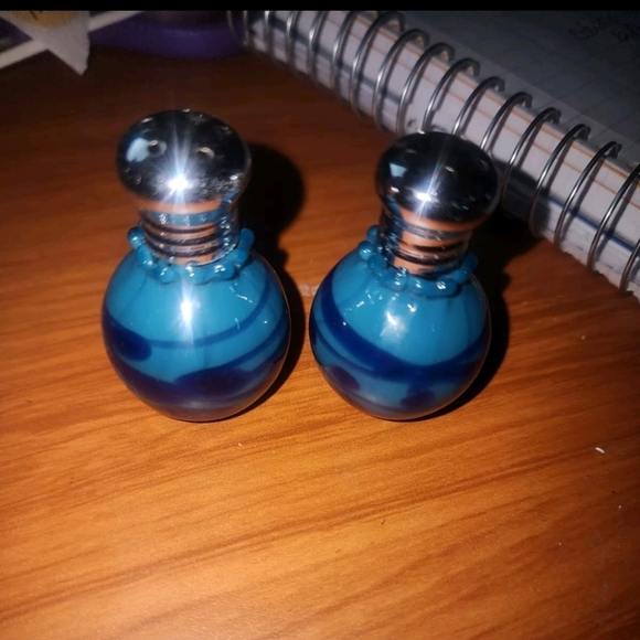Studio Art Glass Opalescent Mini Bulb Salt & Pepper Shakers Blue Ribbon Stripes - Picture 3 of 5